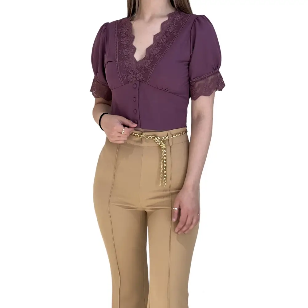 Γυναικεία μοβ μπλούζα με δαντέλα