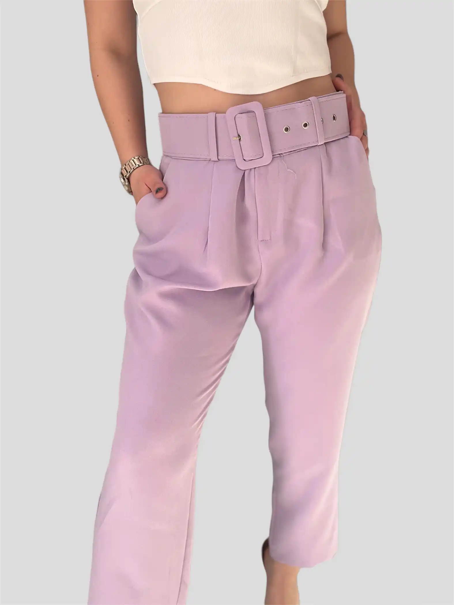 Γυναικείο παντελόνι με ζώνη λιλά