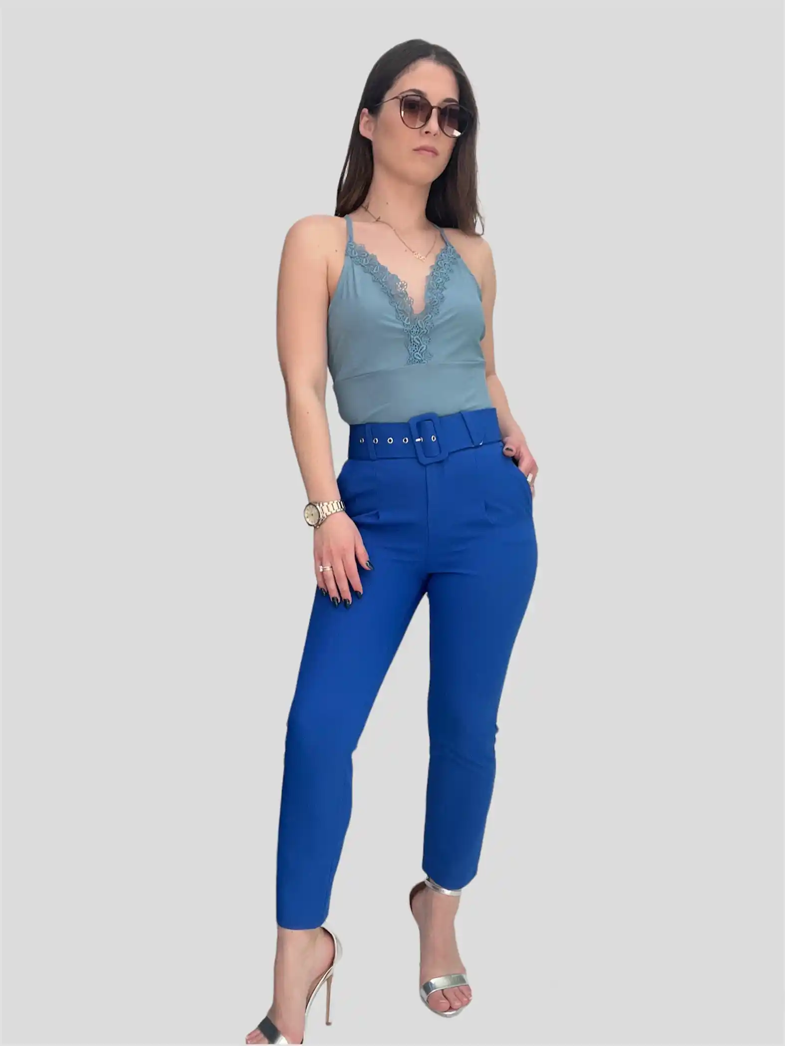 Γυναικείο παντελόνι με ζώνη μπλε ηλεκτρικ