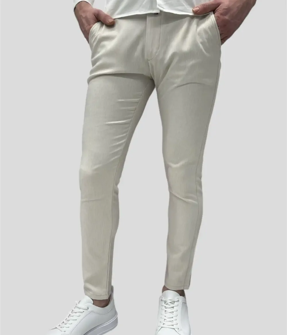 Aντρικό υφασμάτινο παντελόνι μπεζ με άσπρη ρίγα