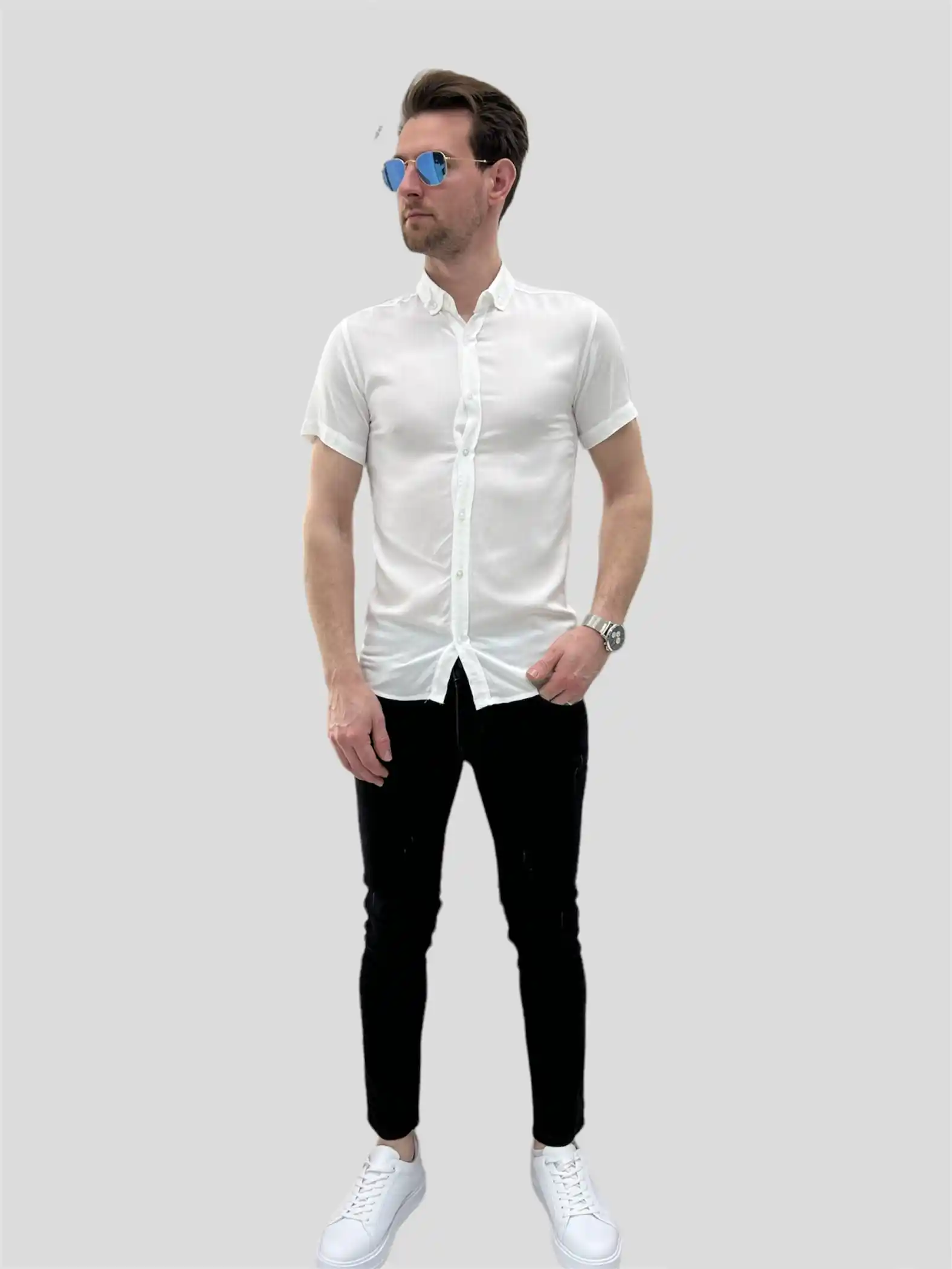 Αντρικό πουκάμισο κανονική γραμμή κοντομάνικο άσπρο