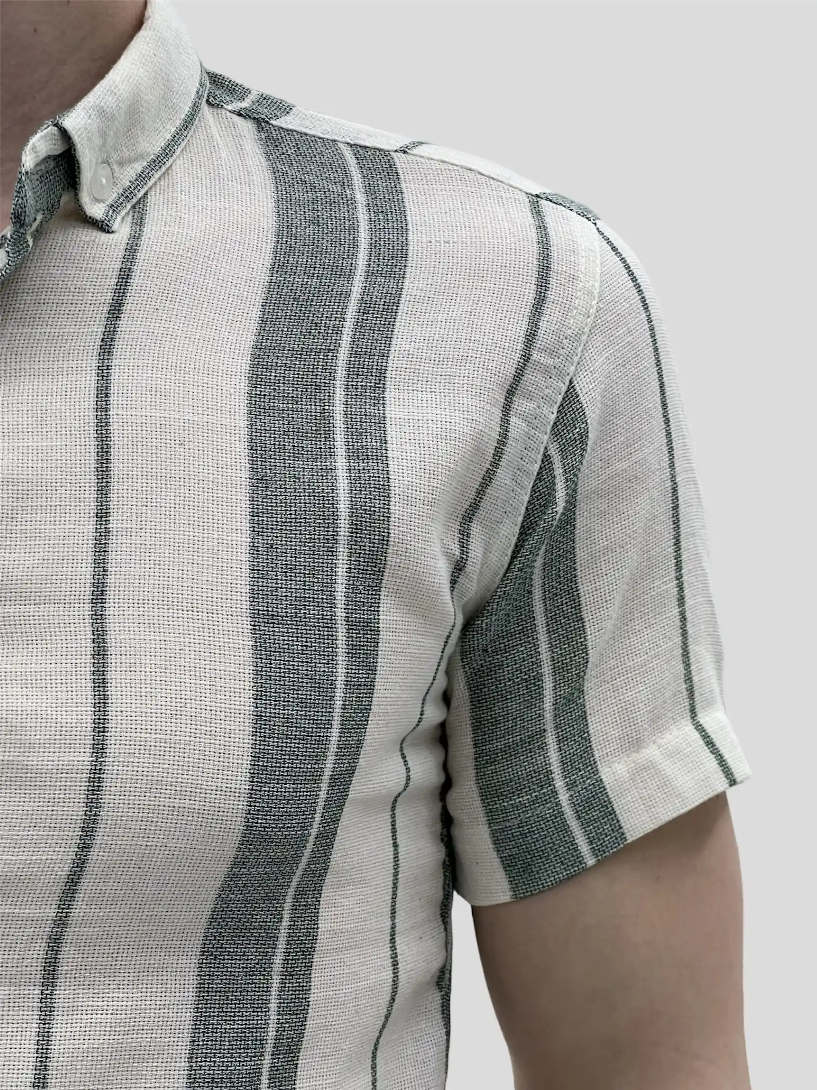 Αντρικό πουκάμισο κανονική γραμμή κοντομάνικο μπεζ με πράσινη ρίγα
