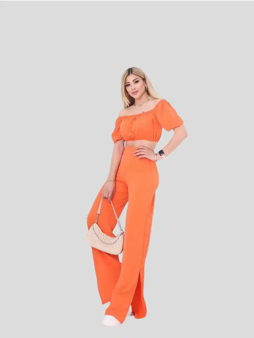Γυναικείο σετ παντελόνι με crop μπλούζα σε πορτοκαλί χρώμα