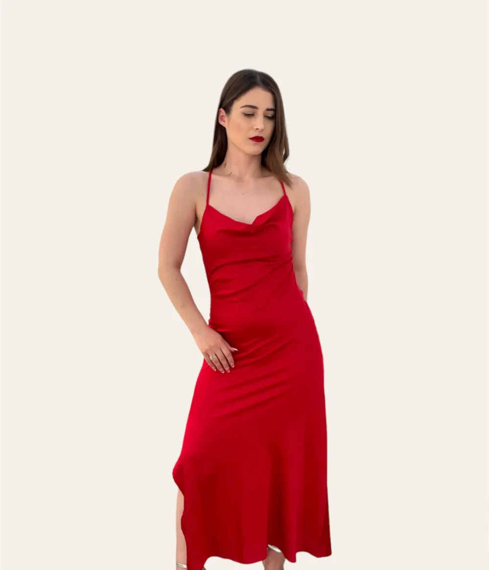 Midi Σατέν Φόρεμα Κόκκινο