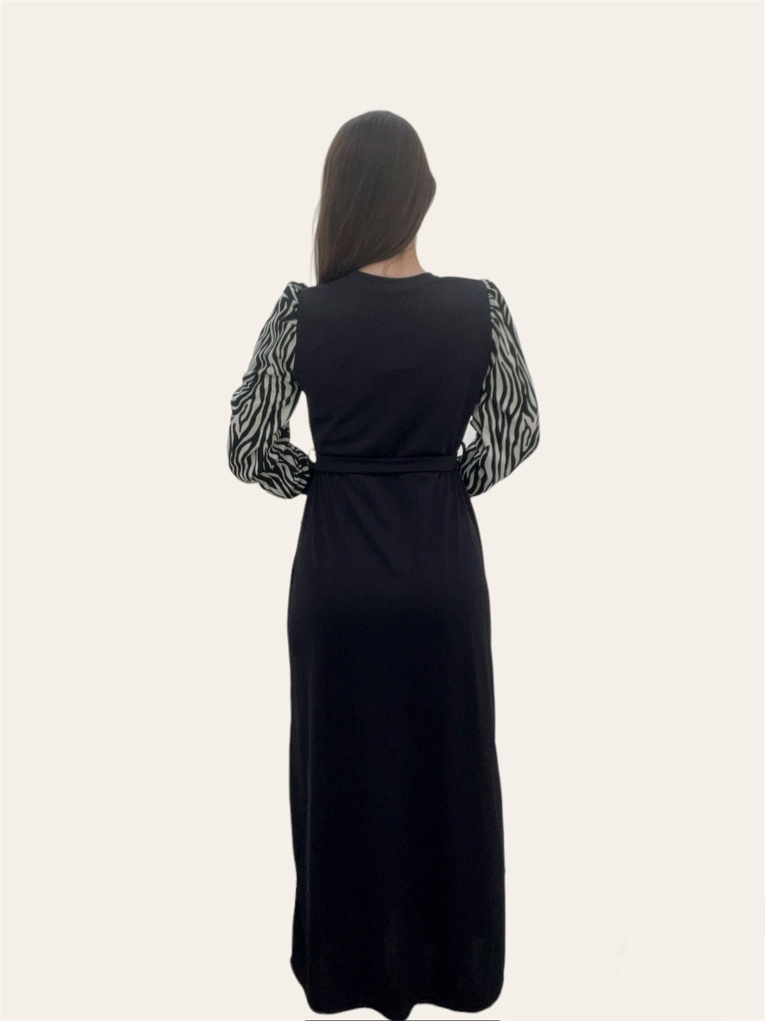 Maxi Φόρεμα Μαύρο Με Μανίκια Ζέβρα