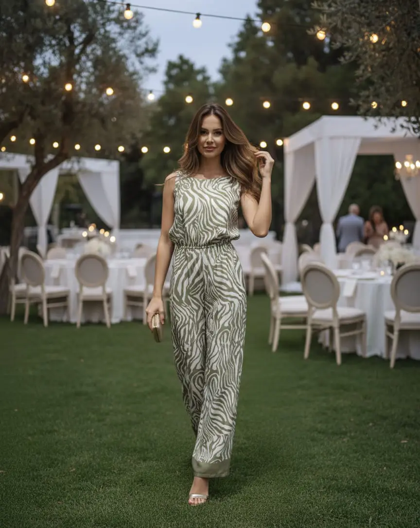 Ολόσωμη Φόρμα Zebra Print – Σατέν Εκρού & Πράσινο, Κομψό Look για Κάθε Περίσταση